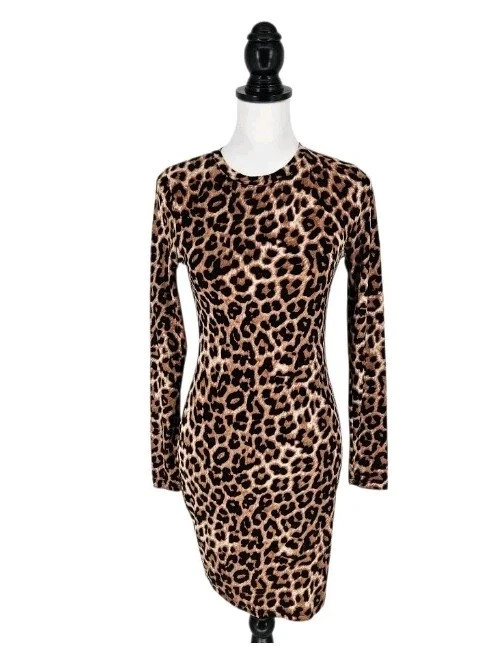 Women’s Popular 21 Animal Print Mock Neck Long Sleeve Midi Dress Bodycon Stretch