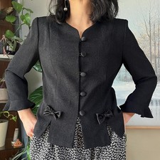 Vintage Black Jacquard Jacket Cropped Blazer Bow Button Front Evening Top 8