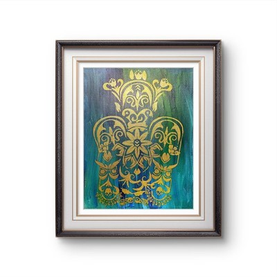 Mandala Gorilla Painting Gold Sacred Pattern Art Blue Green 11x14 Original.