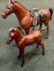 VINTAGE MARX TOYS BROWN HORSE AND FOAL HARNESS BRIDLE SADLE BAGS ACCESSORIES