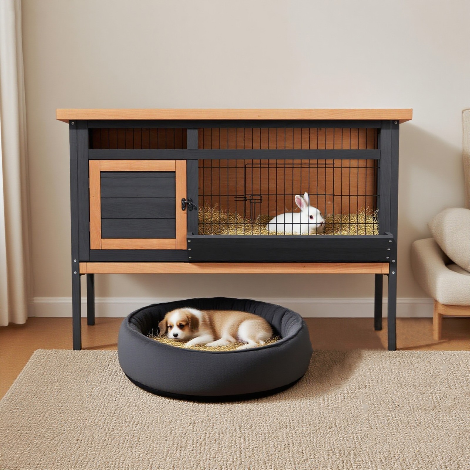 Rabbit Hutch with Removable Tray & Openable Roof - Elevated Wooden Bunny Cage