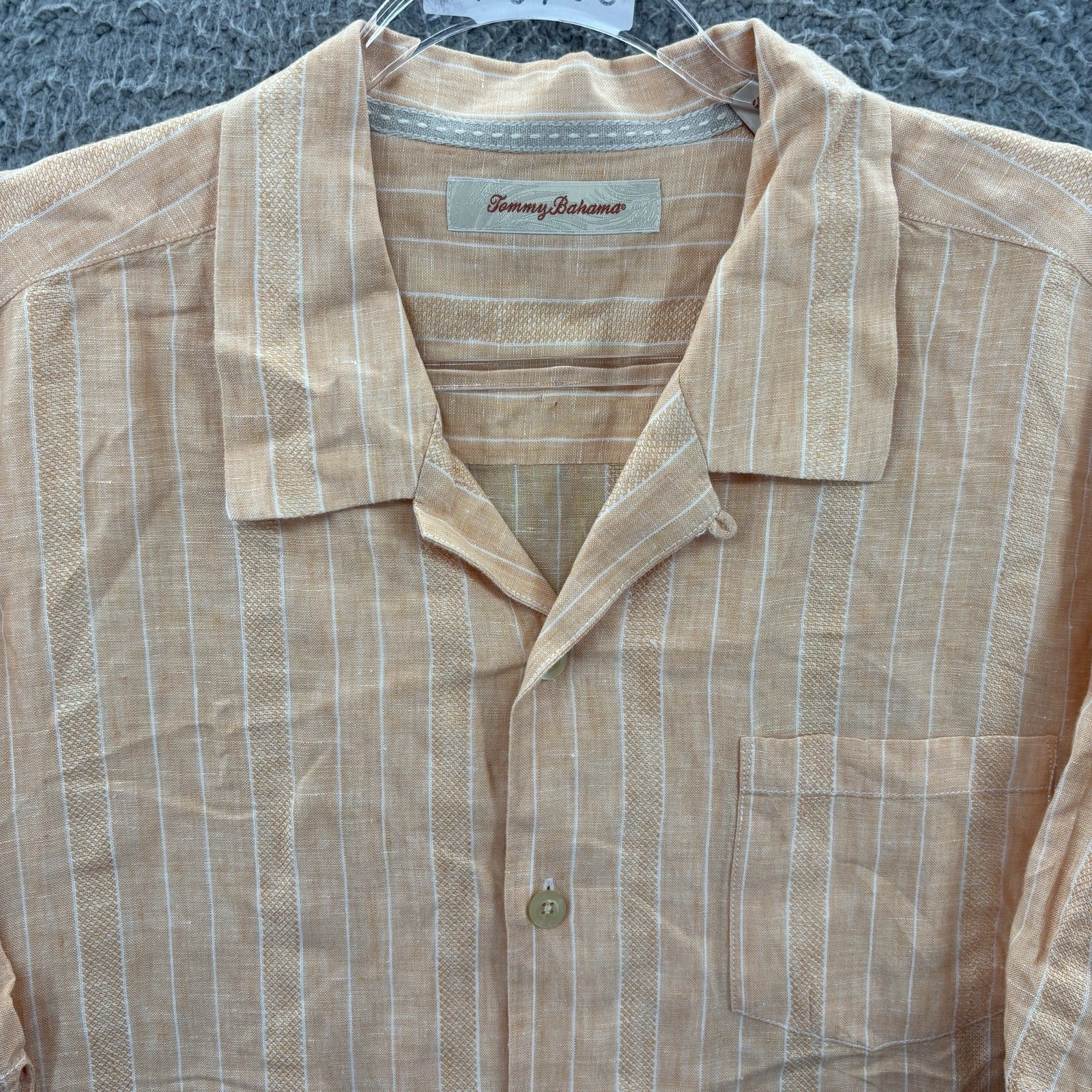 Tommy Bahama Camp Shirt Mens XL Orange Striped Short Sleeve Button Up Linen