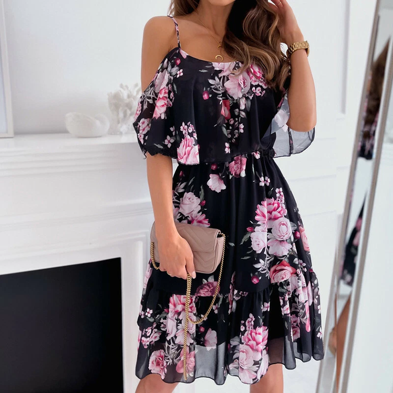 Ladies Frills Plus Size Mini Summer Loose Dress Cold Shoulder Dresses  Sundress