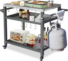 Mesa de parrilla exterior Domi de 3 estantes, carro de parrilla con ruedas y gancho de tanque de propano para barbacoa