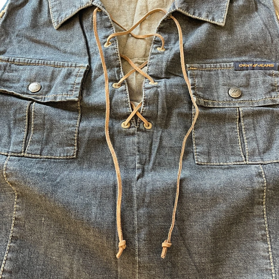 Top DKNY Vintage Y2K Denim con cordones para mujer talla 13 L azul occidental sin mangas dobladillo crudo Foto 3 de 4