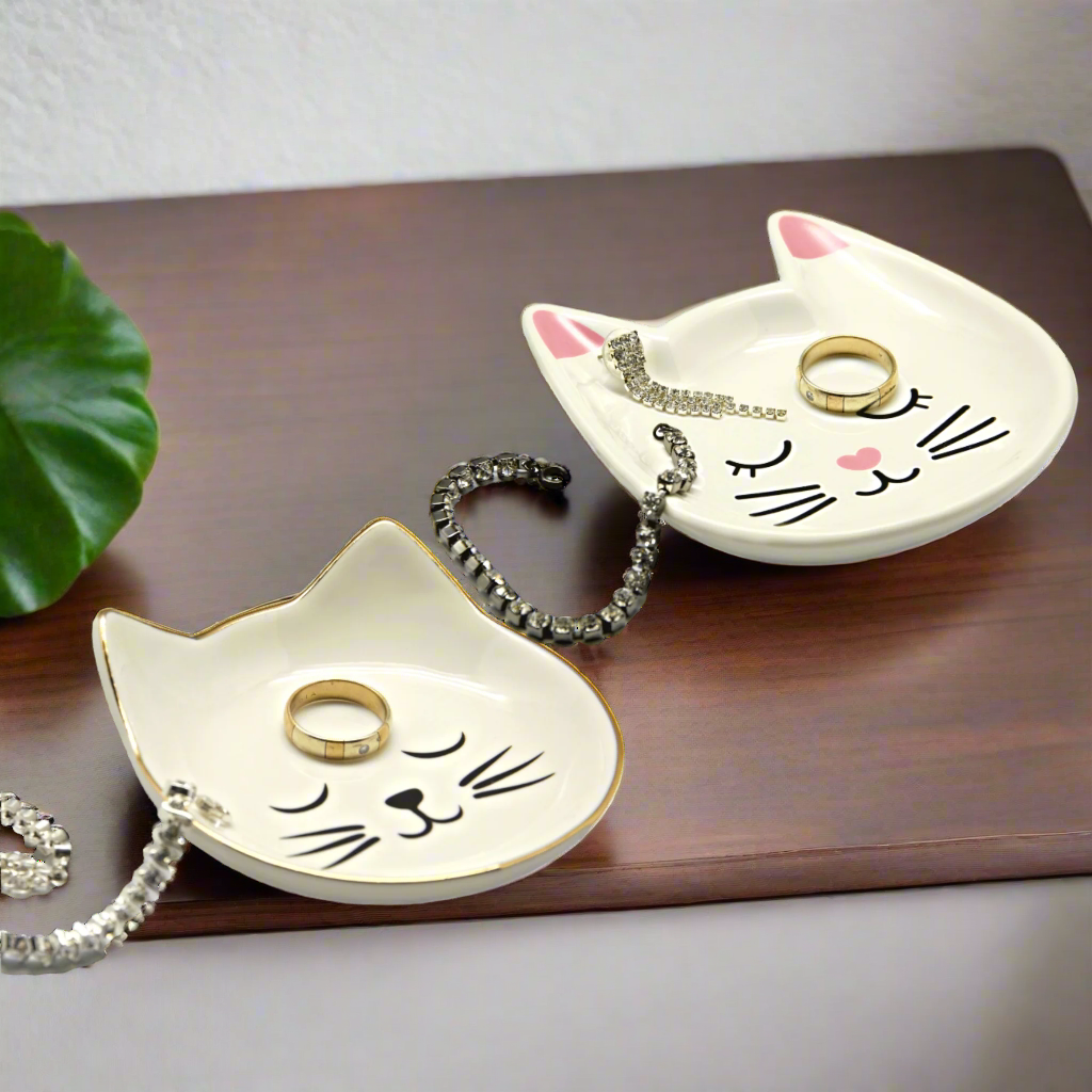 Set of 2 Ceramic Cat Trinket Ring Dishes Pink, Gold Jewellery Stand Coin Bowls