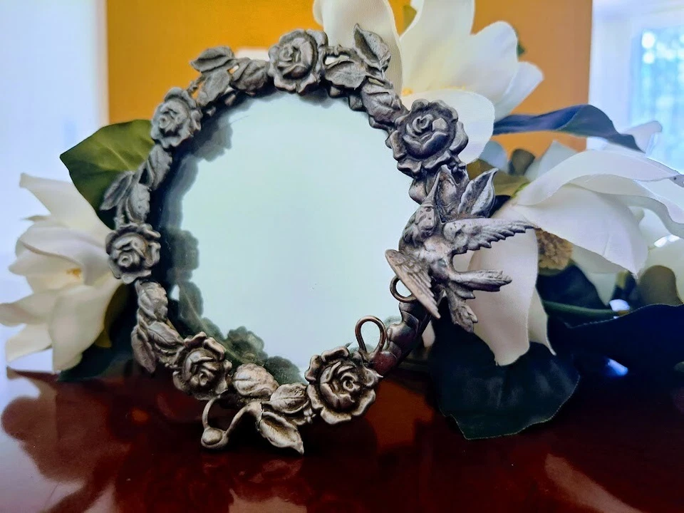 Art Nouveau Style Framed Mirror Pewter Floral Bird Motif Round Wreath - Image 2 of 4