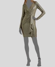 Lauren Ralph Lauren Women's Gold Metallic Knit Surplice Cocktail Dress Size 14
