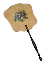 Antico Ventilatore Vittoriano Viso Schermo Design Trasferimento Floreale Manico Legno Tornito