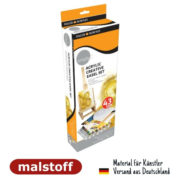DALER ROWNEY Acrylfarben Staffelei Palette Malplatten Pinsel Stifte Simply Set 43 Teile
