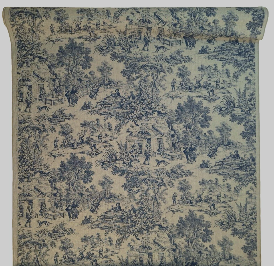 VTG NOS Blue Grey Toile Drapery Fabric "House Party" House N Home 1986 BTY READ - Image 2 of 4