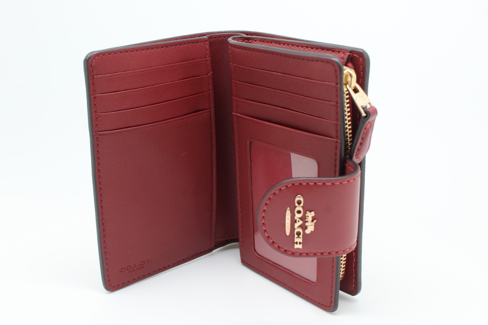 Coach Women Medium Corner Zip Wallet In Signature Canvas in Khaki Cherry