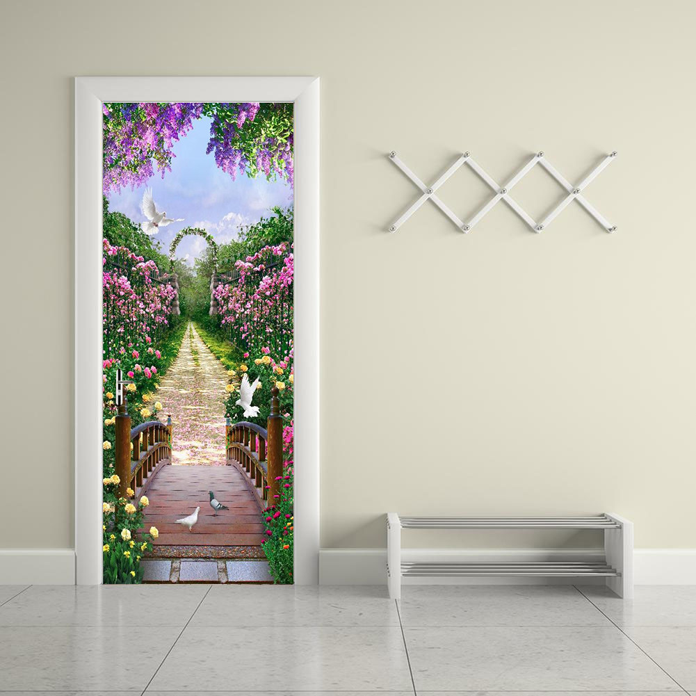 3D Pink Flower Garden Bridge Self Adhesive Living Room Door Sticker