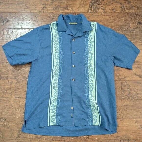 Tommy Bahama Men's Shirt 100% Silk SIZE LARGE Blue Floral Stripe