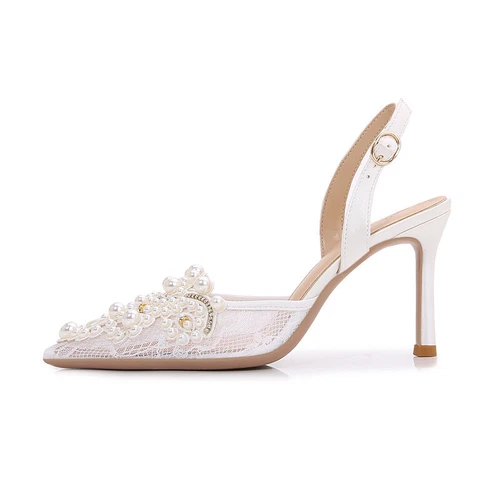 Womens Lace Pearl White High Stiletto Heel Weding Shoes Bridal Party Slingbacks- - Picture 6 of 17