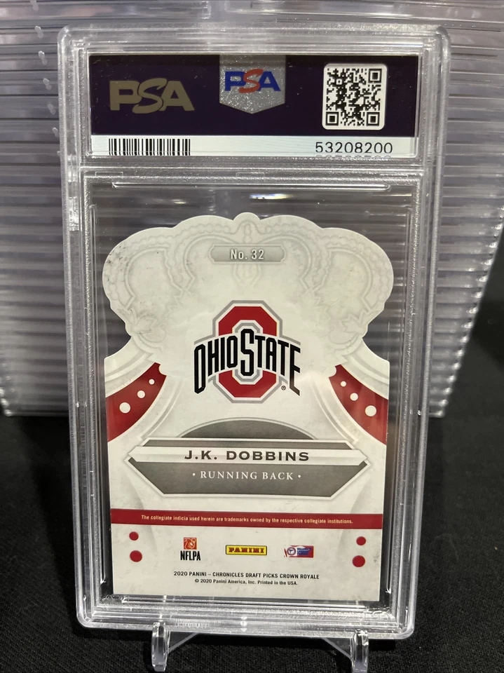 2020 Panini Chronicles DP Crown Royale Red #32 J.K. Dobbins RC PSA 9 Ohio St - Image 2 of 2