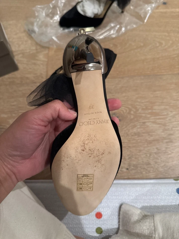HERMOSO Jimmy Choo Lou 38 Negro Terciopelo Tul Arco Bomba Lirio Cuero Metálico Foto 3 de 4