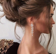 Long Cubic Zirconia Stud Earrings Drop Dangle Silver Wedding Prom Pageant New