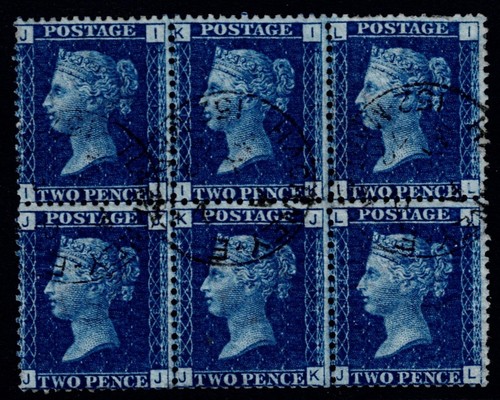 1869 2d Blue Plate 13 II-JL Scarce HACKNEY CDS Block of 6 SG 46 VFU Cat. £300.00