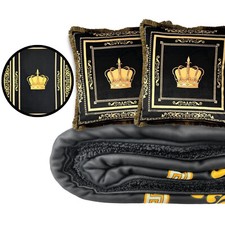 Set 3 cuscini e coperta morbida sherpa - nero oro corona frange decorazione lusso