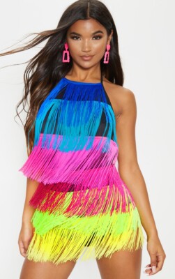 Rainbow Tassels Bodysuit Romper Playsuit Neon Hot Pants Festival