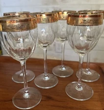 Elegant, Crystal White Wine  Glasses Gold Band Greek Key 7 1/2”H Set Of 6