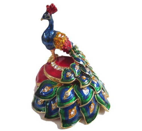 Bejeweled " Red Peacock " Hinged Metal Enamel trinket Box