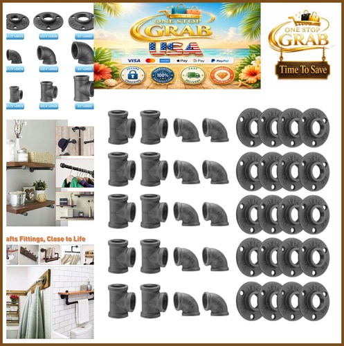 1/2" Floor Flange Elbow Tee Combo 40 Pack Black Iron Pipe Fittings DIY