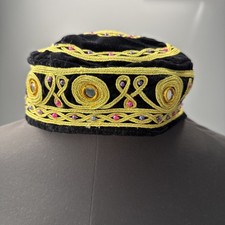 Turkish Kufi Topi Fez Hat Black Velvet, Brocade, Mirrored Gray Lining Travel