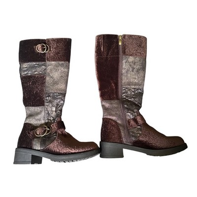 Patrizia Brown Metallic Patchwork Velvet Tall Boots Lug Sole Size 36 EU 6 US