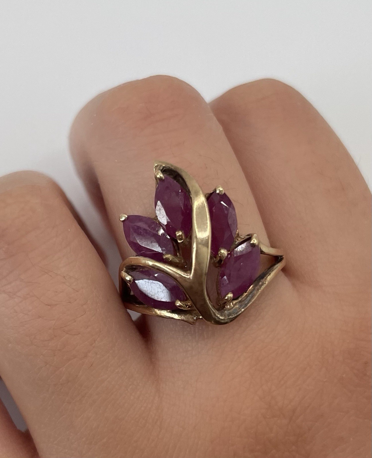 10k Solid Yellow Gold Marquise Ruby Flower Ring S… - image 6
