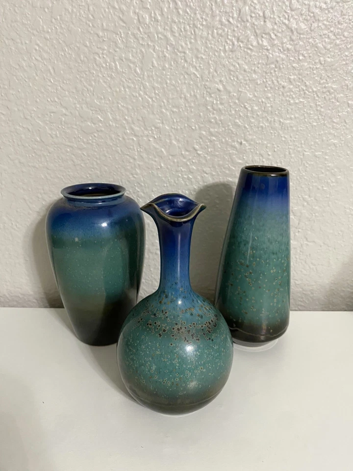 Jarrón pequeño decorativo moderno de cerámica Ombre azul moteado 3 piezas/juego Foto 2 de 4