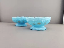 Pair NORTHWOOD EAPG CHRYSANTHEMUM SPRIG BERRY BOWL BLUE CUSTARD/GOLD