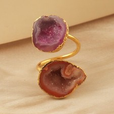 Double Stone Ring Geode Druzy Yellow Gold Electroplate Handmade Adjustable Ring