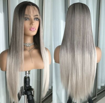 Silver Blonde Ombre Wig HD Front Lace Human Hair Blend Highlights Lowlights
