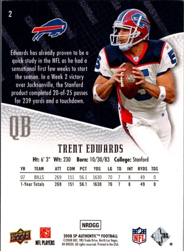 2008 SP Authentic Trent Edwards Buffalo Bills #2 - Picture 2 of 2