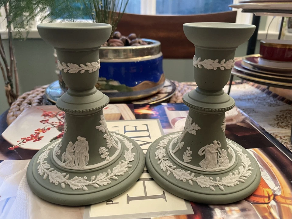 Wedgwood Jasperware Neoclassical Sage Green 2 Candle Holders ~5” Tall - Image 3 of 4