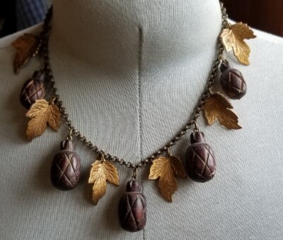 Vintage Carved Wood Pineapple &  Celluloid Leaf on brass chain Necklace