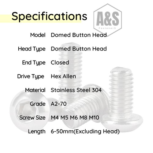 A&S 304 Stainless steel 100PCS Hex Allen Domed Button Head Screws Machine Bolts - 第 2/5 張圖片