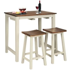 Wooden Counter Bar Height Dining Table & 2 Saddle Bar Stools Kitchen Dining Set