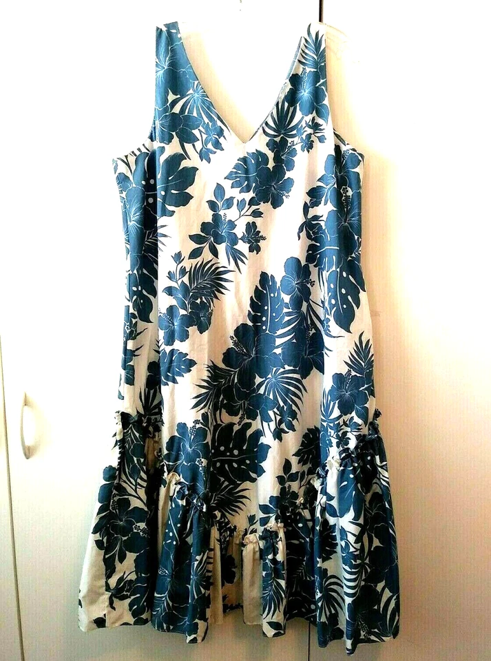 RARE VTG ROYAL CREATIONS BLUE WHITE FLORAL SLEEVELESS V-NECK HAWAIIAN DRESS L - Image 3 of 4
