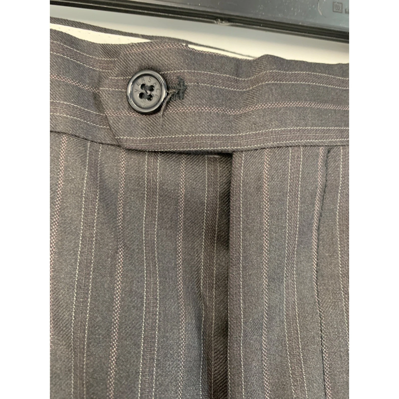 Pantaloni eleganti vintage Versace uomo plissettati lana gessato taglia 35 x 30 antracite 7528