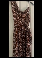 Leopard Print Maxi Dress Womens Sleeveless One Shoulder Sundress Medium Tie Belt