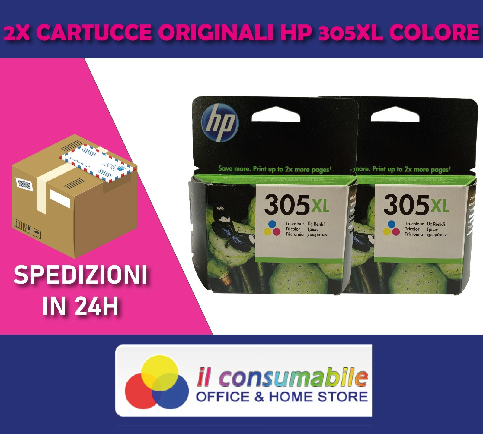 N. 2 ORIGINALI  HP 305XL  COLORE 3YM63AE  HP DeskJet Plus 4110 DeskJet 2720