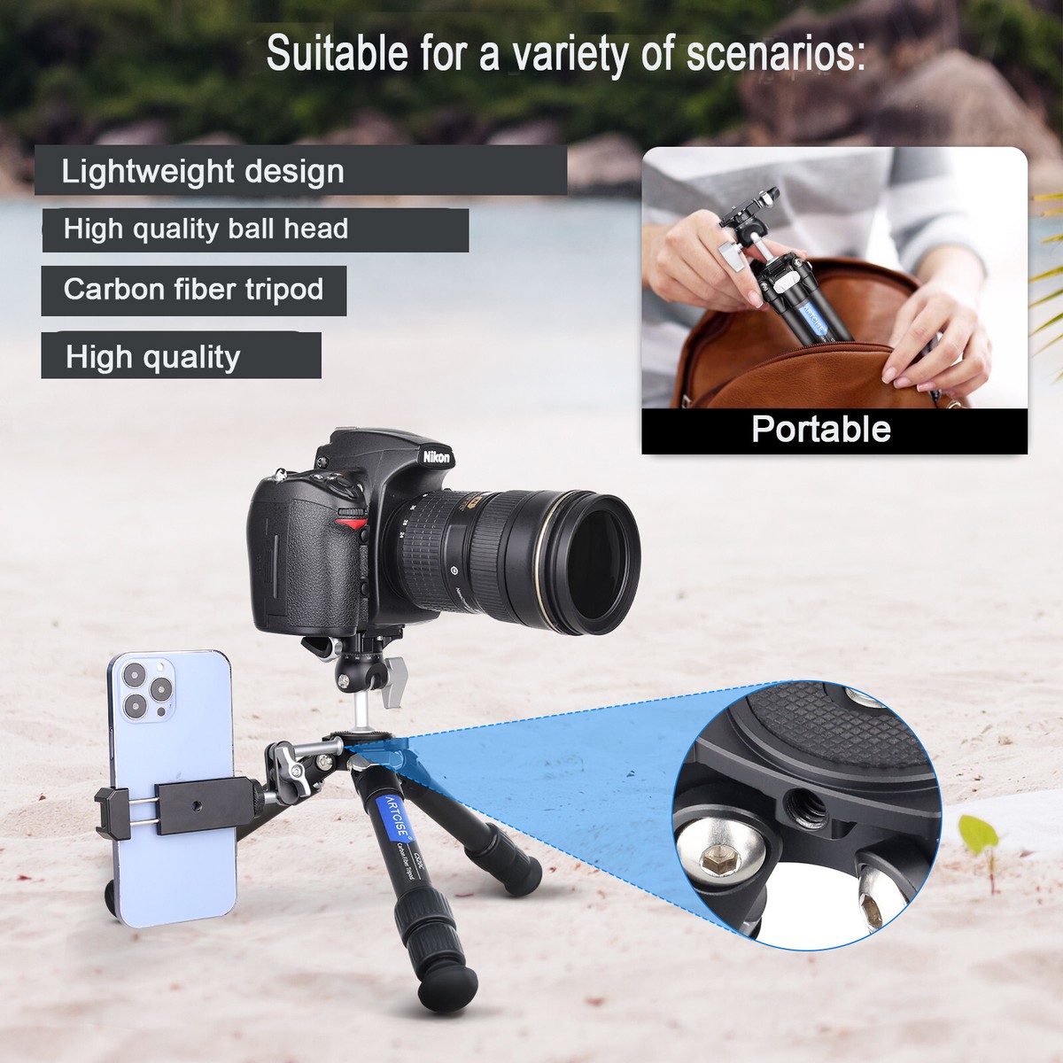 ARTCISE Carbon Tripod 22mm Compact Travel Tripod For SLR Canon