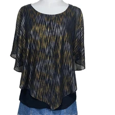 I.N. Studio Women’s Layered Poncho Blouse Size Small Sheer Overlay Metallic Pri 