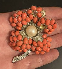 AS IS - Vintage Signed Marcel Boucher Faux Coral Cabochon Flower Brooch
