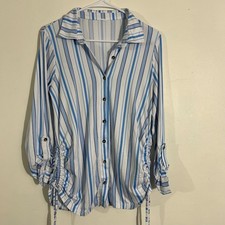 Striped Button Down Shirt Blue White Long Sleeve Drawstring Casual Womens