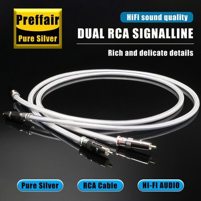 Pair 99.998% Solid Pure Silver RCA To RCA HiFi Audio Cable Silver Plated Plug