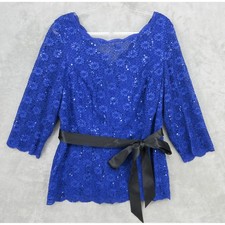 Alex Evenings Blouse Womens 2X Ribbon Belt Sequin Shimmer Office Party Glam Blue
